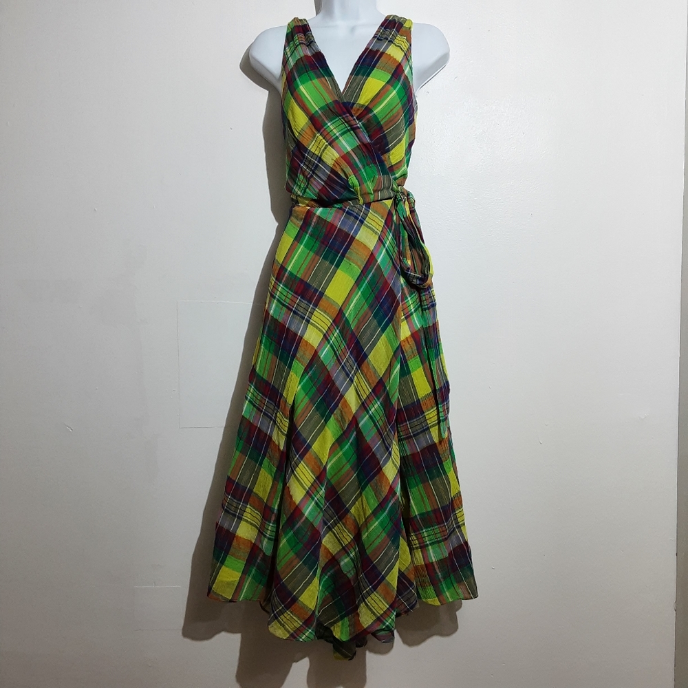 Ralph Lauren Yellow Green Plaid Wrap Dress